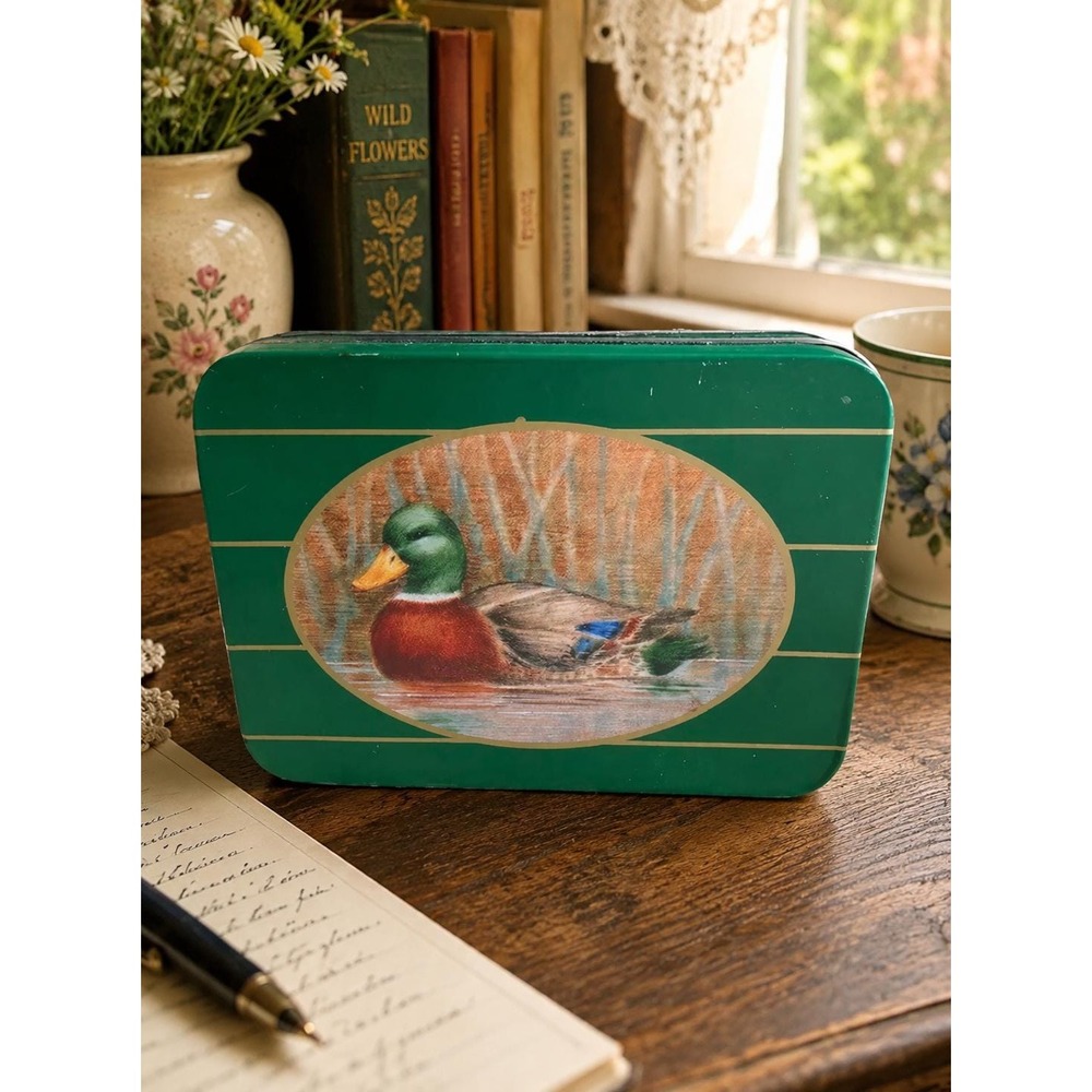 Vintage Giftco Mallard Duck Tin with Blank Paper Notes, Writing Desk Decor